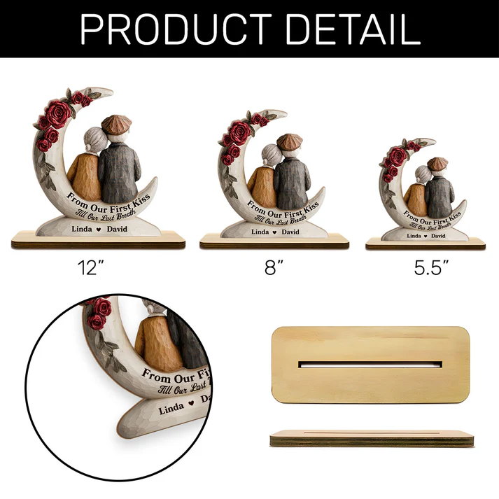 Eternal Embrace On The Crescent Moon - Personalized 2-Layer Wood Plaque With Flat Base