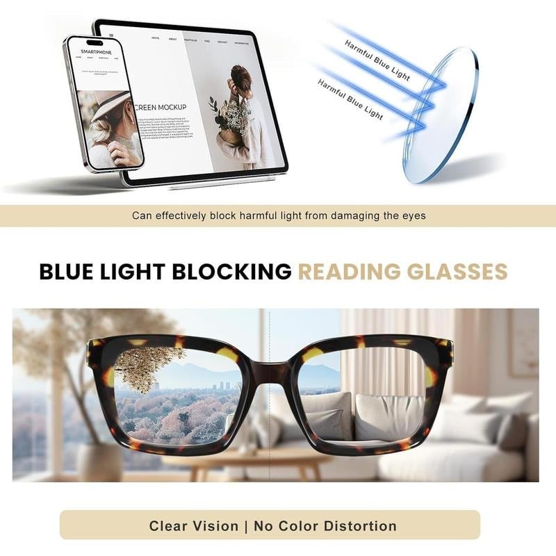🔥Hot Sale-✨👓3 Pack Tortoiseshell Reading Glasses – Blue Light Blocking Oversized Square Readers