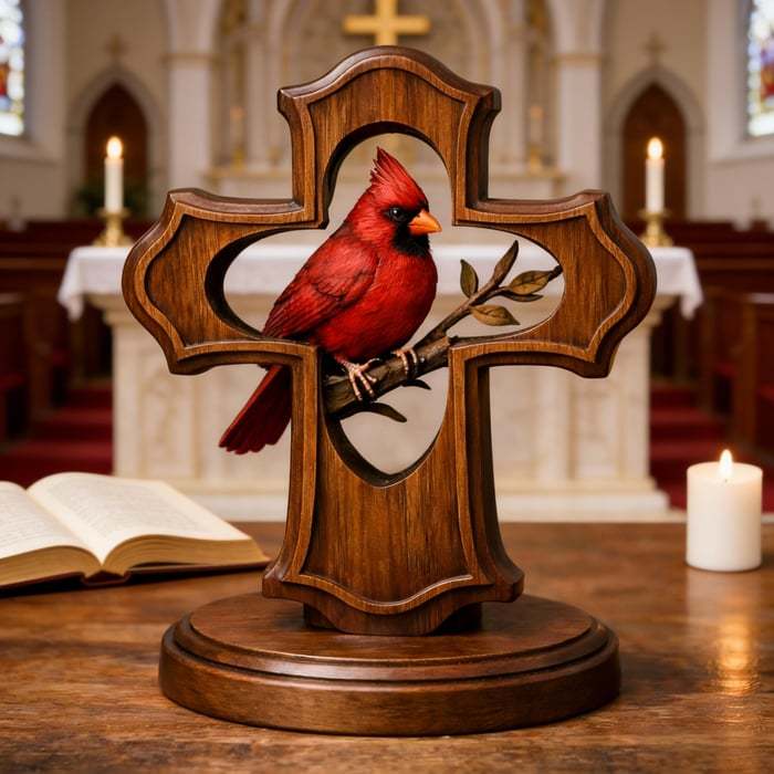 ❤️✝️Handcrafted Cardinal Cross Ornament