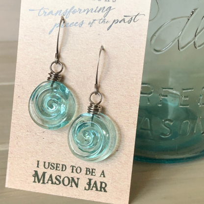 Recycled Glass Spiral Earrings: Upcycled Mason Jar Dangles