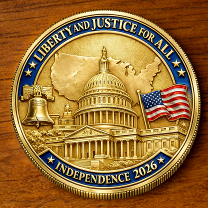 America First “United We Stand” Patriotic Challenge Coin – Independence 2026 Liberty & Justice Edition