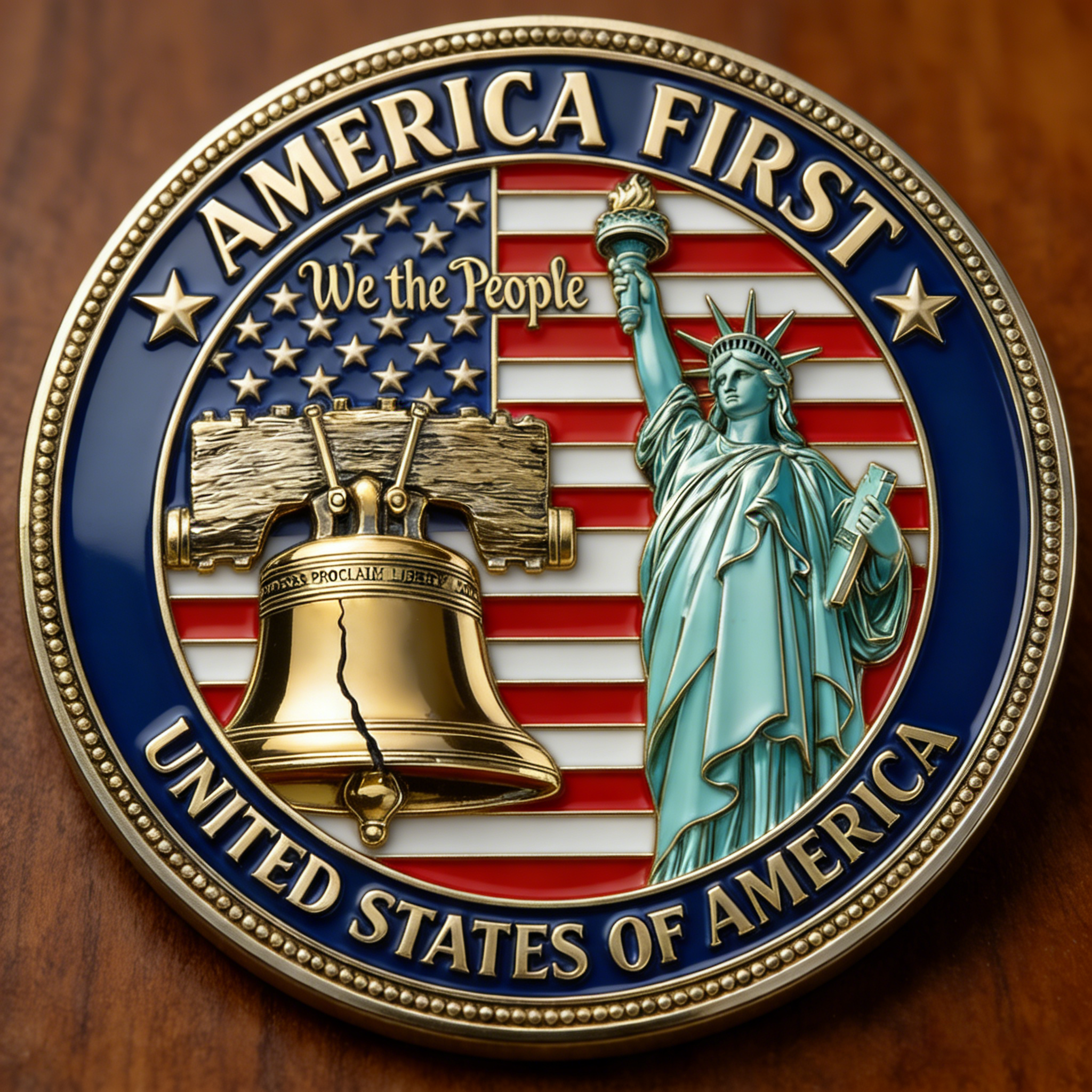 America First “United We Stand” Patriotic Challenge Coin – Independence 2026 Liberty & Justice Edition