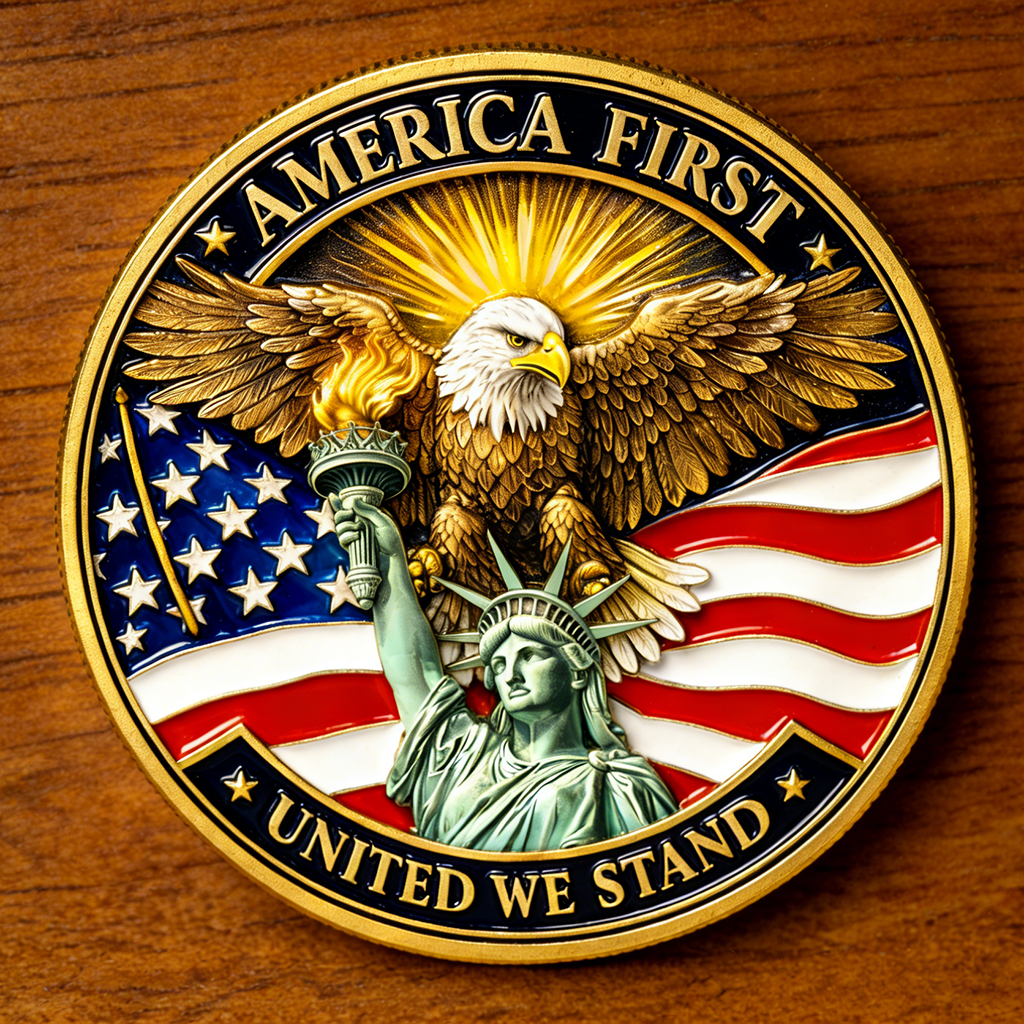 America First “United We Stand” Patriotic Challenge Coin – Independence 2026 Liberty & Justice Edition