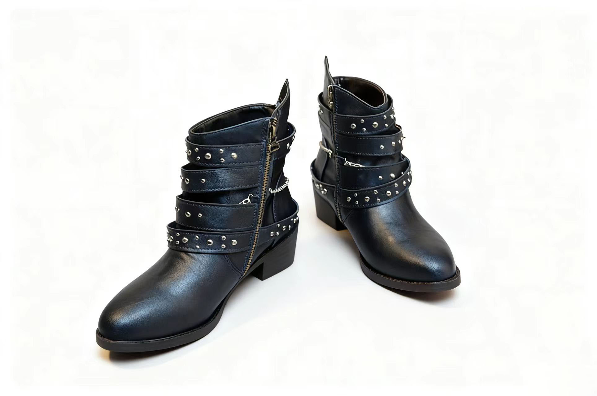 (⏳NOW ON: 60% OFF Sale! 🔥)Women's Cowboy Ankle Boots Western Rivet Buckle Zipper Pointed Toe Motorcycle Leather Wedding Dress Shoes Chunky Block Heels Booties