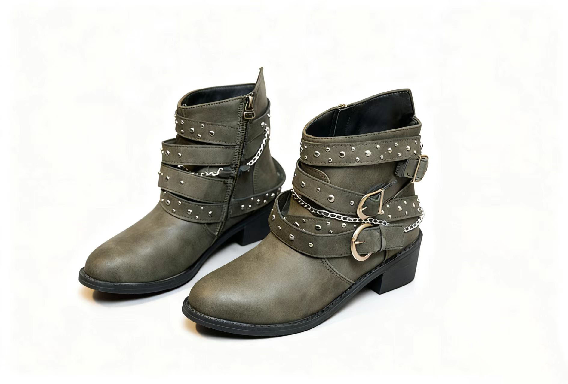 (⏳NOW ON: 60% OFF Sale! 🔥)Women's Cowboy Ankle Boots Western Rivet Buckle Zipper Pointed Toe Motorcycle Leather Wedding Dress Shoes Chunky Block Heels Booties