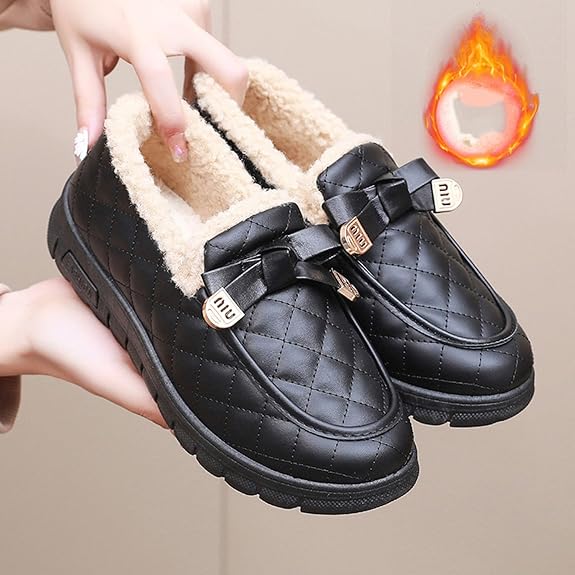 Snow Boots Round Toe Buckle Bowknot Thick Soled Warm Plus Velet Slip On Ankle Booties Comfortable Faux Leather Non-slip Casual Boots