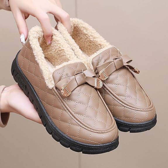 Snow Boots Round Toe Buckle Bowknot Thick Soled Warm Plus Velet Slip On Ankle Booties Comfortable Faux Leather Non-slip Casual Boots