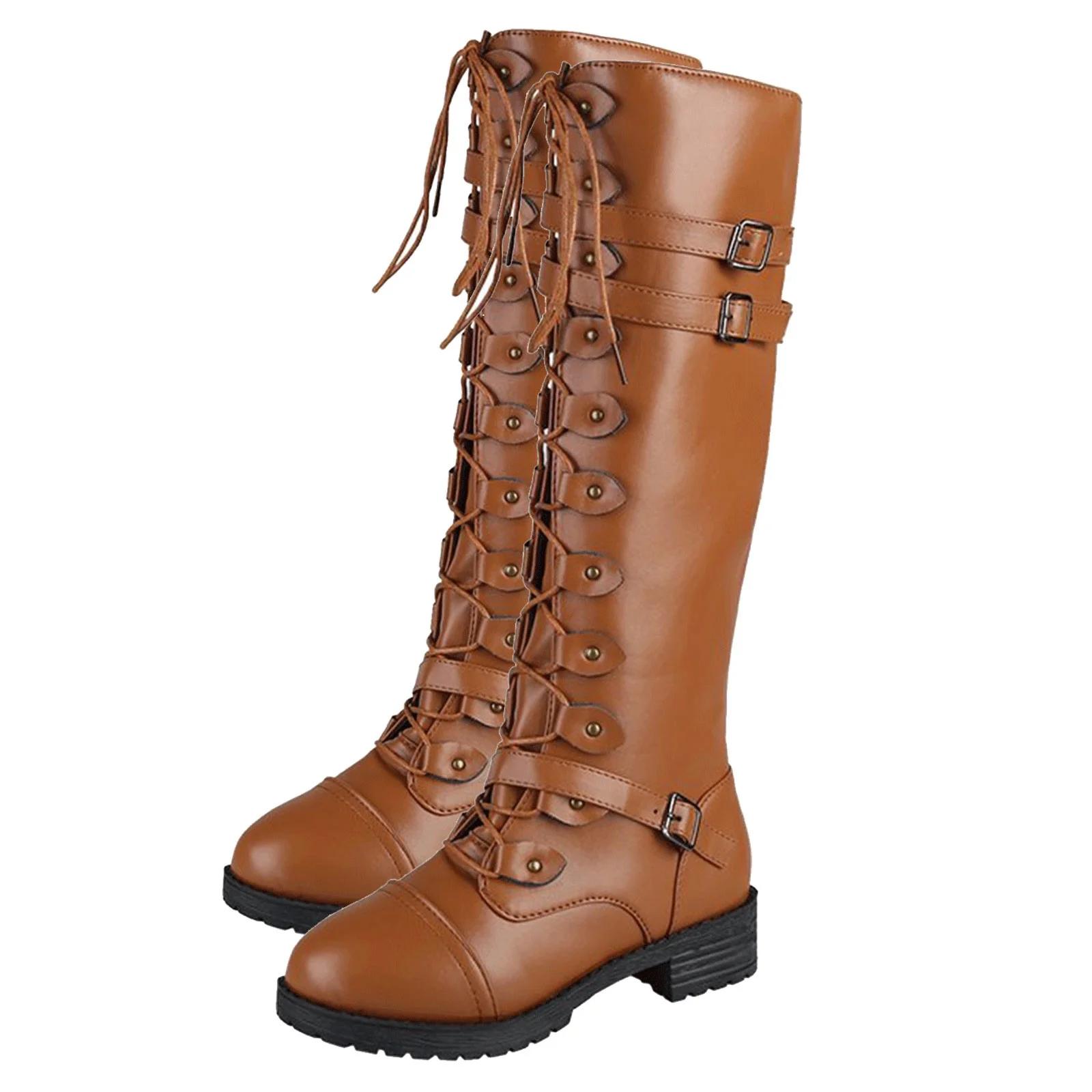 Women PU Leather Knee Boots, Strappy Lace-up Gothic Vintage Punk Buckle Military Combat Stacked Heel Boot Shoes Knee-High Boots