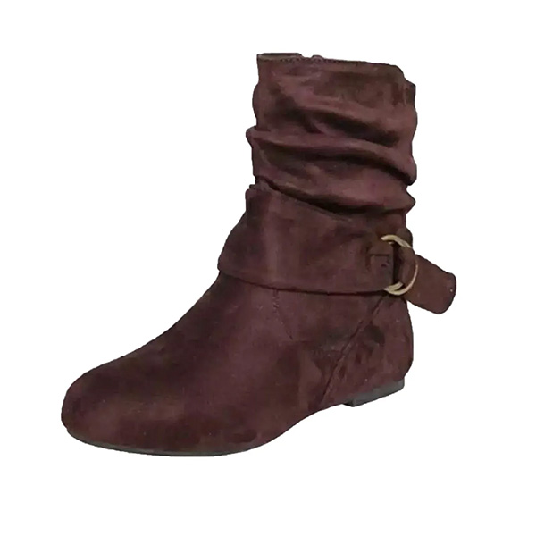 Women's Winter Flat Leather Belt Buckle Suede Zipper Round Toe Ankle Boots