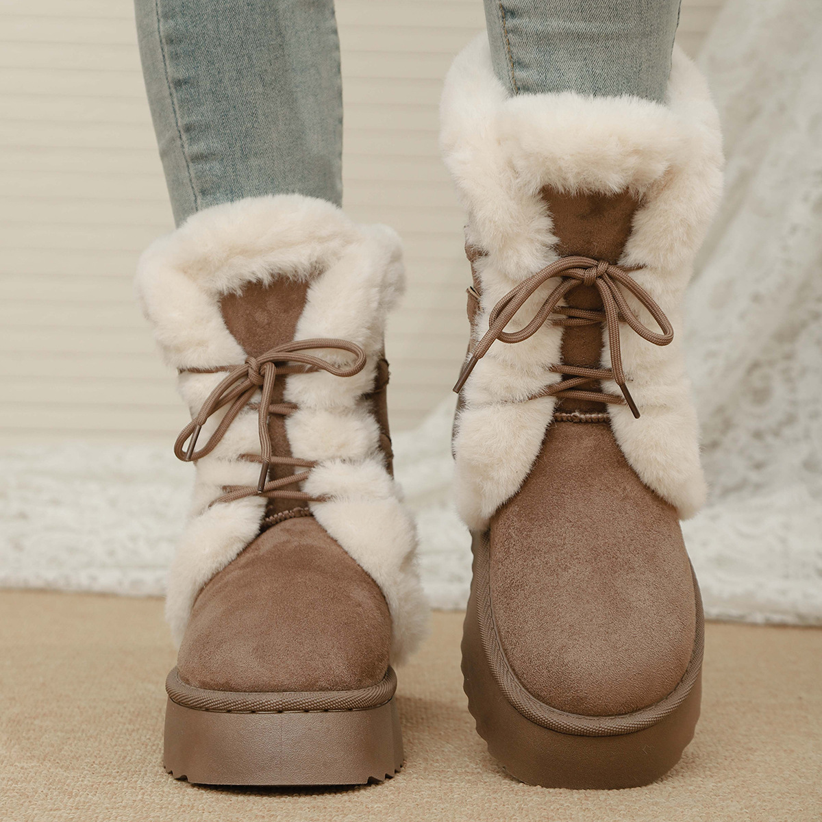 Winter Boots for Women Lace Up Round Toe Mid Calf Boots