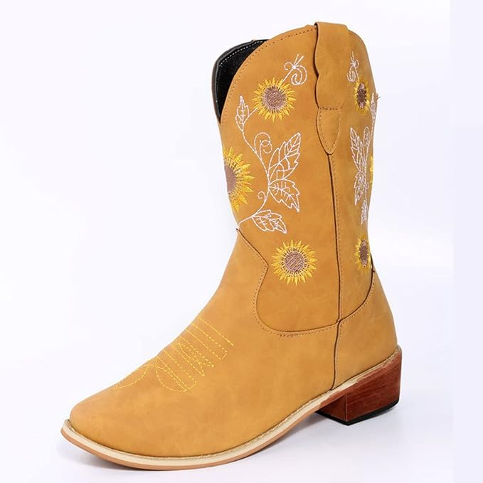 Women's Winter Western Cowboy Boots Embroidered Mid-Calf Pointed Toe Cowgirl Boot Chunky Heel Pointed Toe Fashion Retro Classic Boot