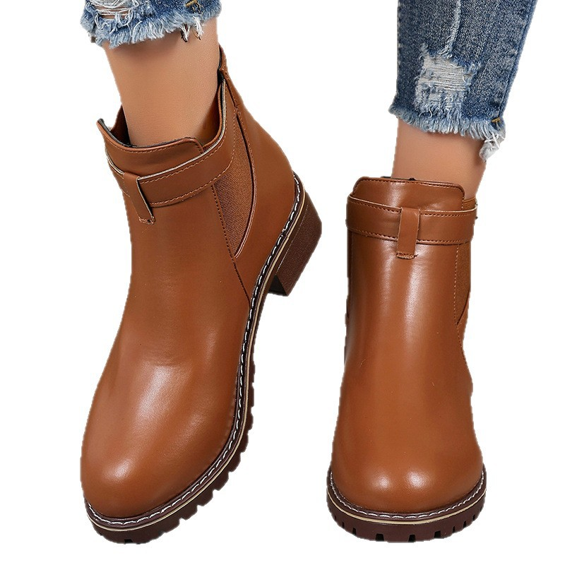 Round Toe Plain Leather Square Heel Retro Buckle Short Boots