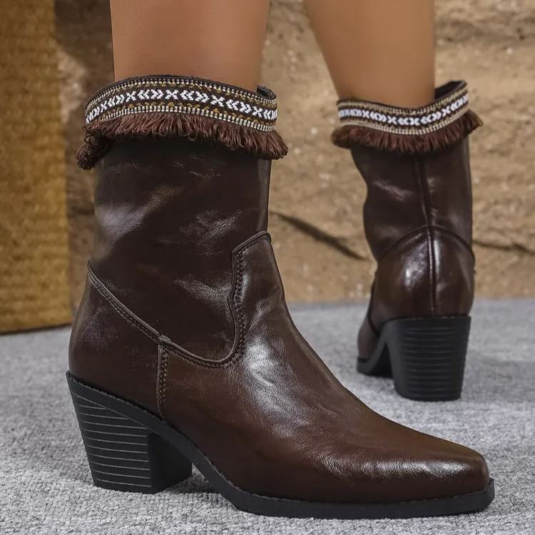 (⏳NOW ON: 60% OFF Sale! 🔥)Women's Western Cowgirl Ankle Boots Block Heel Cowboy Booties Steel Toe Heeled Short Cowboy Boots Side Zipper Western Booties for Women