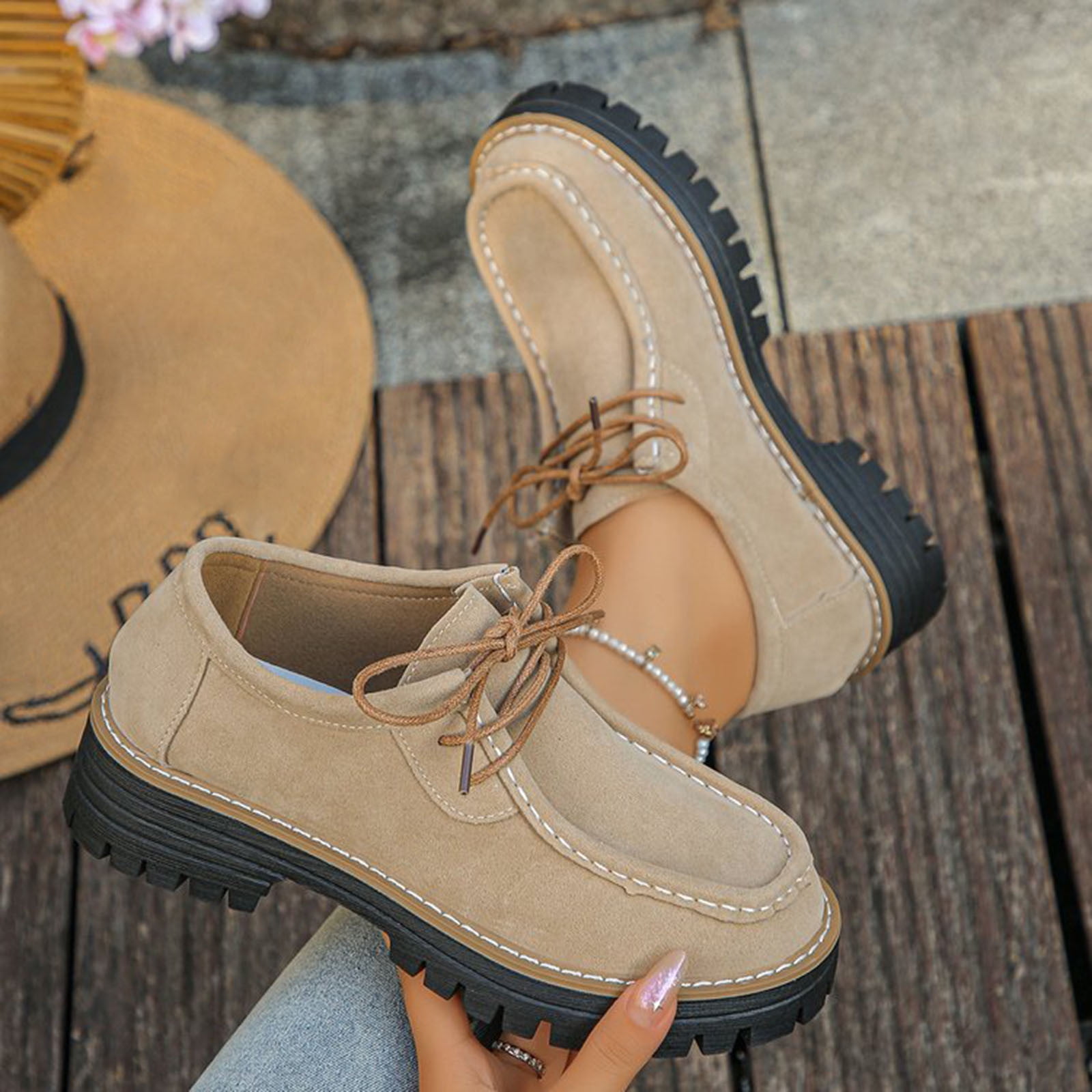 Wensltd Spring Fall Shoes for Women Low Heel All Seasons Fashion Casual Loafers Solid Color Lace Up Comfortable