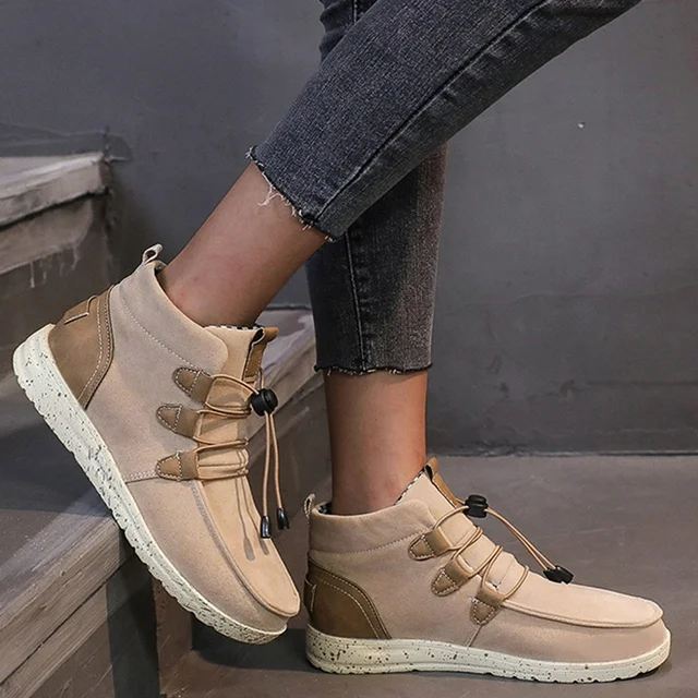 Womens Winter Boots Womens Booties And Ankle Boots Women'S Sport Shoes Lace-Up Wild Round Toe Retro Flock Solid Color Casual Sneakers