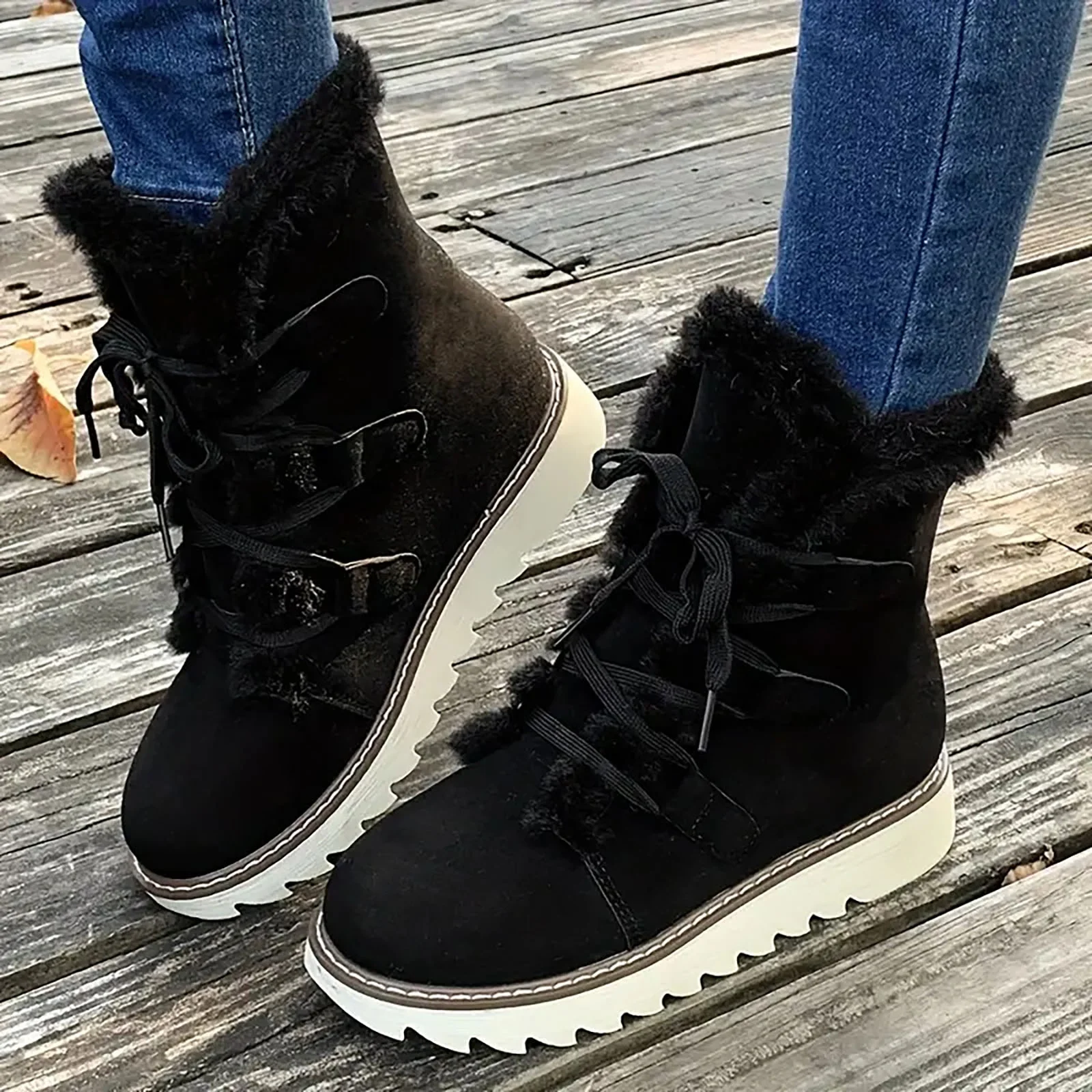 Snow Boots for Women Suede Platform Anti-Slip Lace up Fashion Plush Winter Ankle Boots