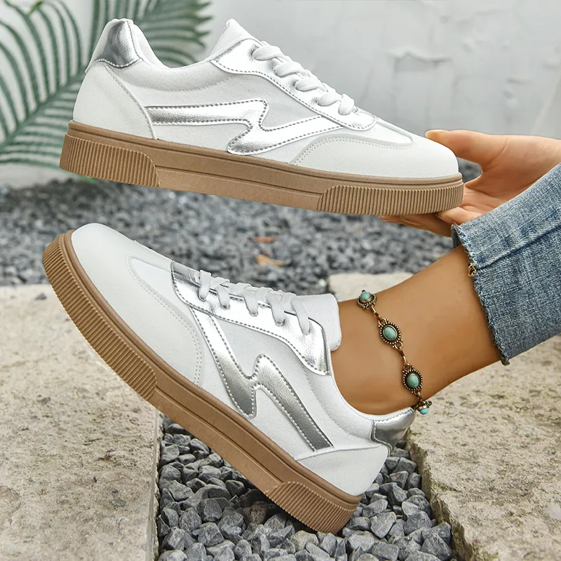 Athletic Casual Shoes - Breathable White Flat Lace-Up Sneakers for Everyday Comfort