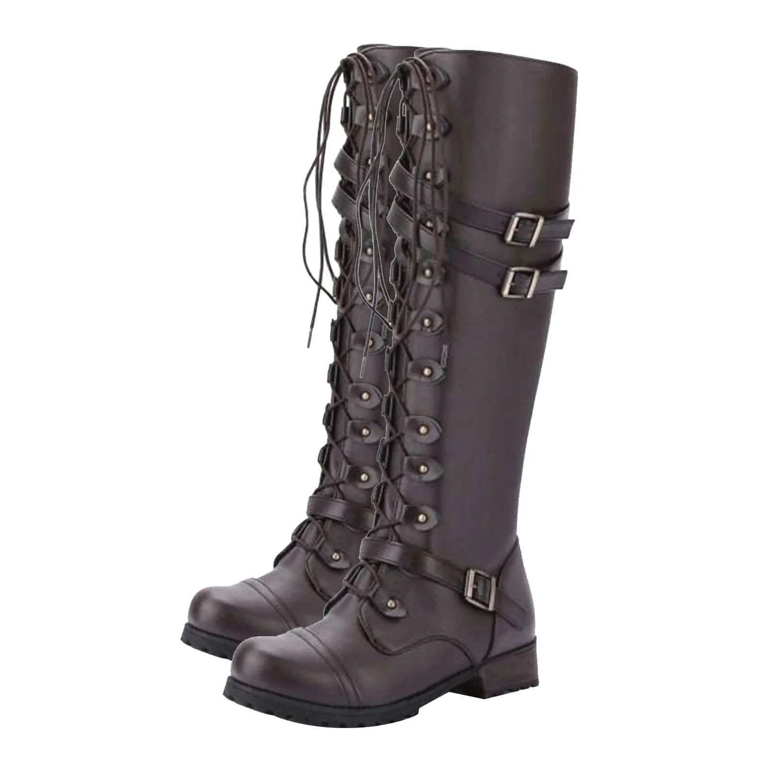 Women PU Leather Knee Boots, Strappy Lace-up Gothic Vintage Punk Buckle Military Combat Stacked Heel Boot Shoes Knee-High Boots