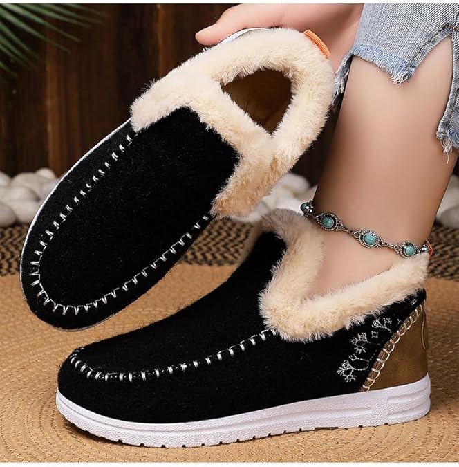 Women's Winter Plush Lined Flat Snow Boots Comfy Orthopedic Arch Support Outdoor Walking Loafer Non-Slip Ankle Short Booties