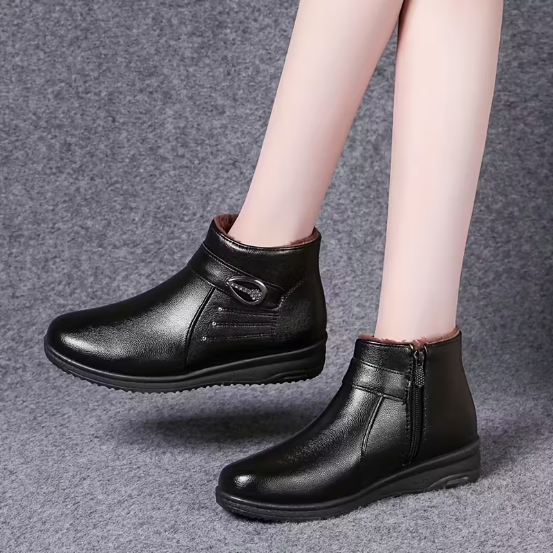 Black Booties for Women Low Heel Chelsea Leather Boots Winter Casual Fashion Ankle Boots with Zipper Buckle Short Booties Comfort Round Toe Western Cowboy Boots