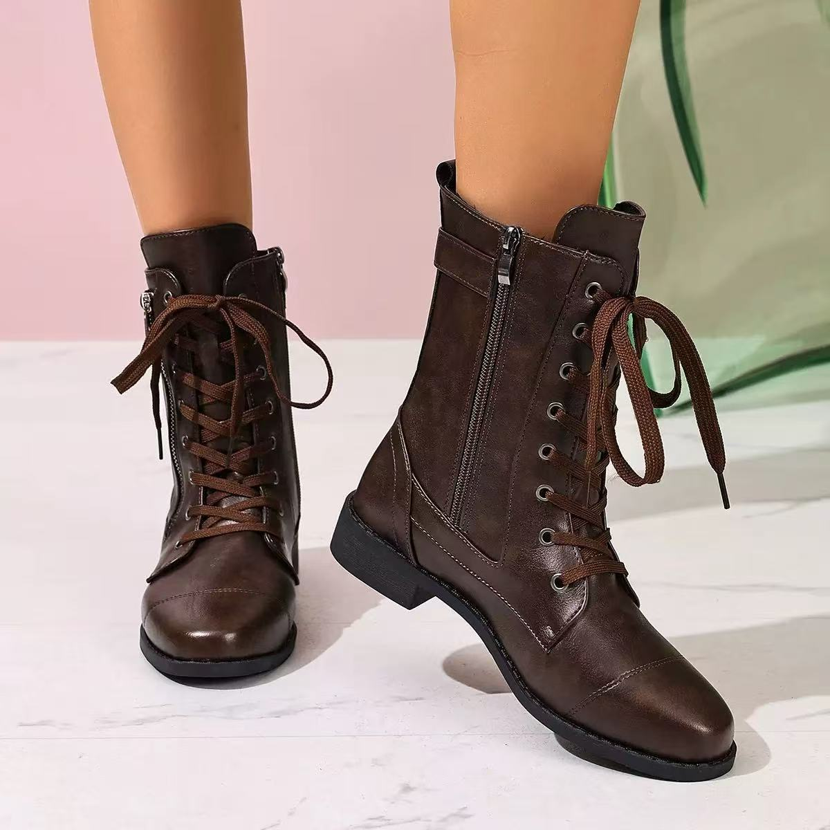Boots for Women Fashion Low Chunky Heel Lace-up Short Boots Casual Zipper Pointed Toe Comfortable Ankle Boots