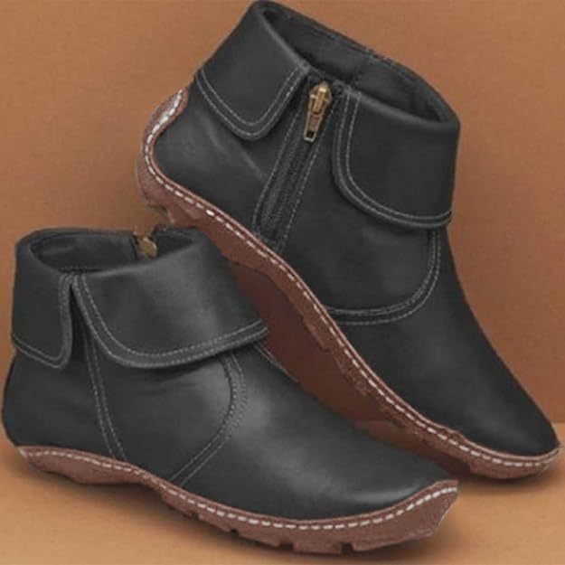 Retro Women Walking Arch Support Boots Faux Leather Zip Flat Ankle Booties Shoes