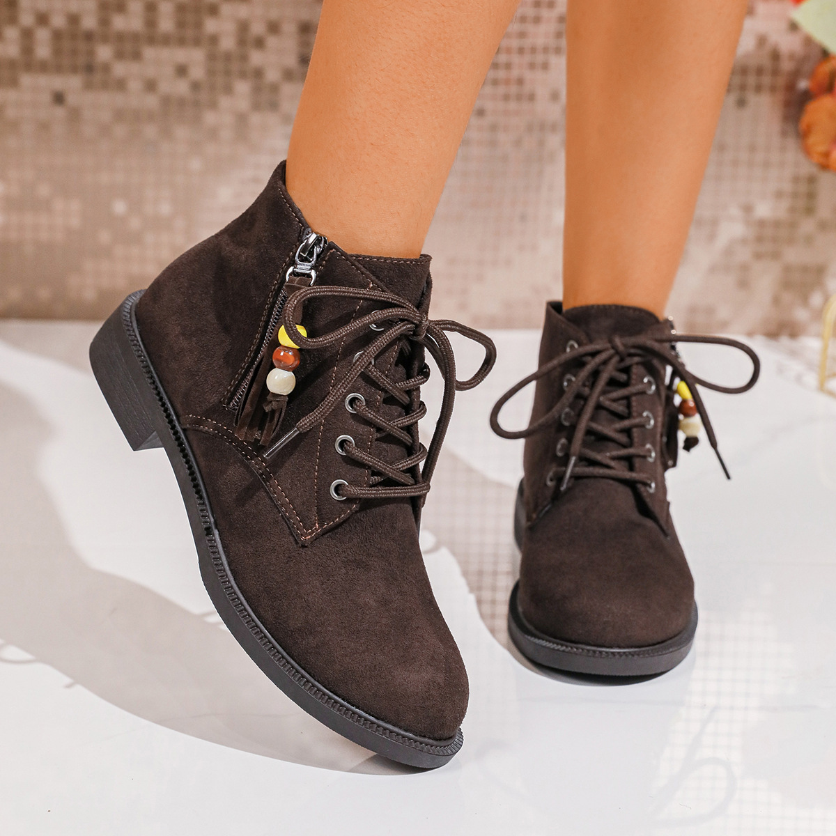 Women's Ankle Short Boots Lace Up Low-Heel Western Combat Boot