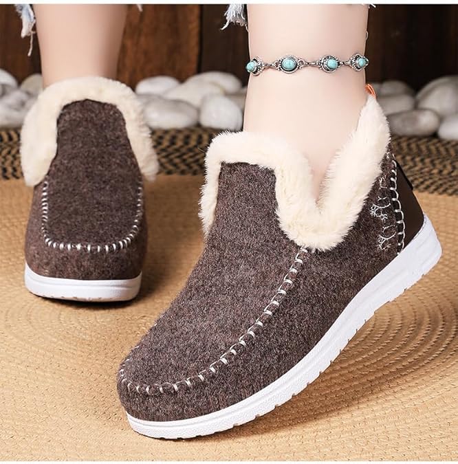 Women's Winter Plush Lined Flat Snow Boots Comfy Orthopedic Arch Support Outdoor Walking Loafer Non-Slip Ankle Short Booties
