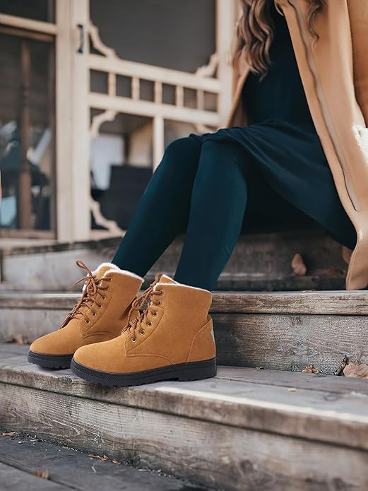 Women's Winter Snow Boots: Warm Fur-Lined Ankle Boots, Comfortable Suede Laced Ankle Boots, and Cute Flat Shoes