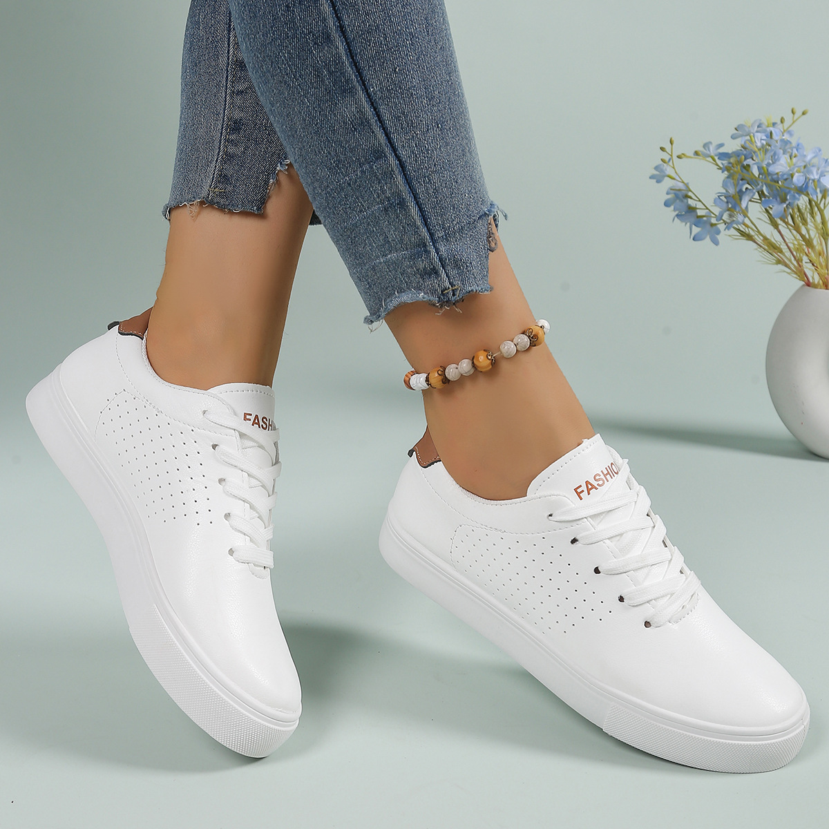 womens white casual sneakers lightweight low top lace up shoes with thick cushioned eva sole synthetic cover upper for casual attire ladies sneakers