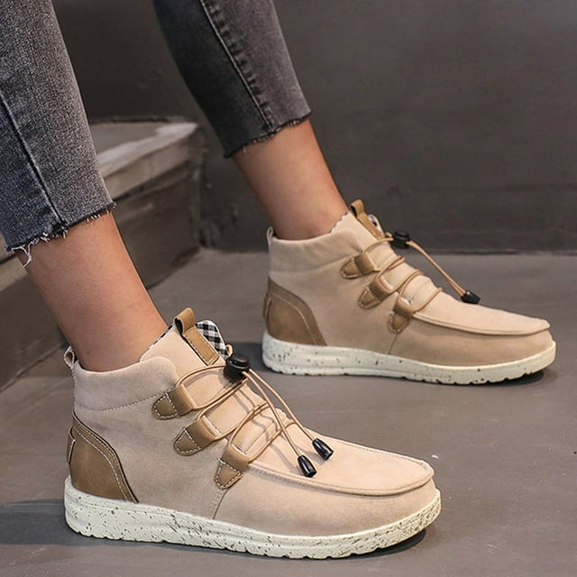 Qertyioot Retro Boots For Women,Vintage Women's Sport Shoes Lace-Up Round Toe Flock Solid Color Casual Sneakers