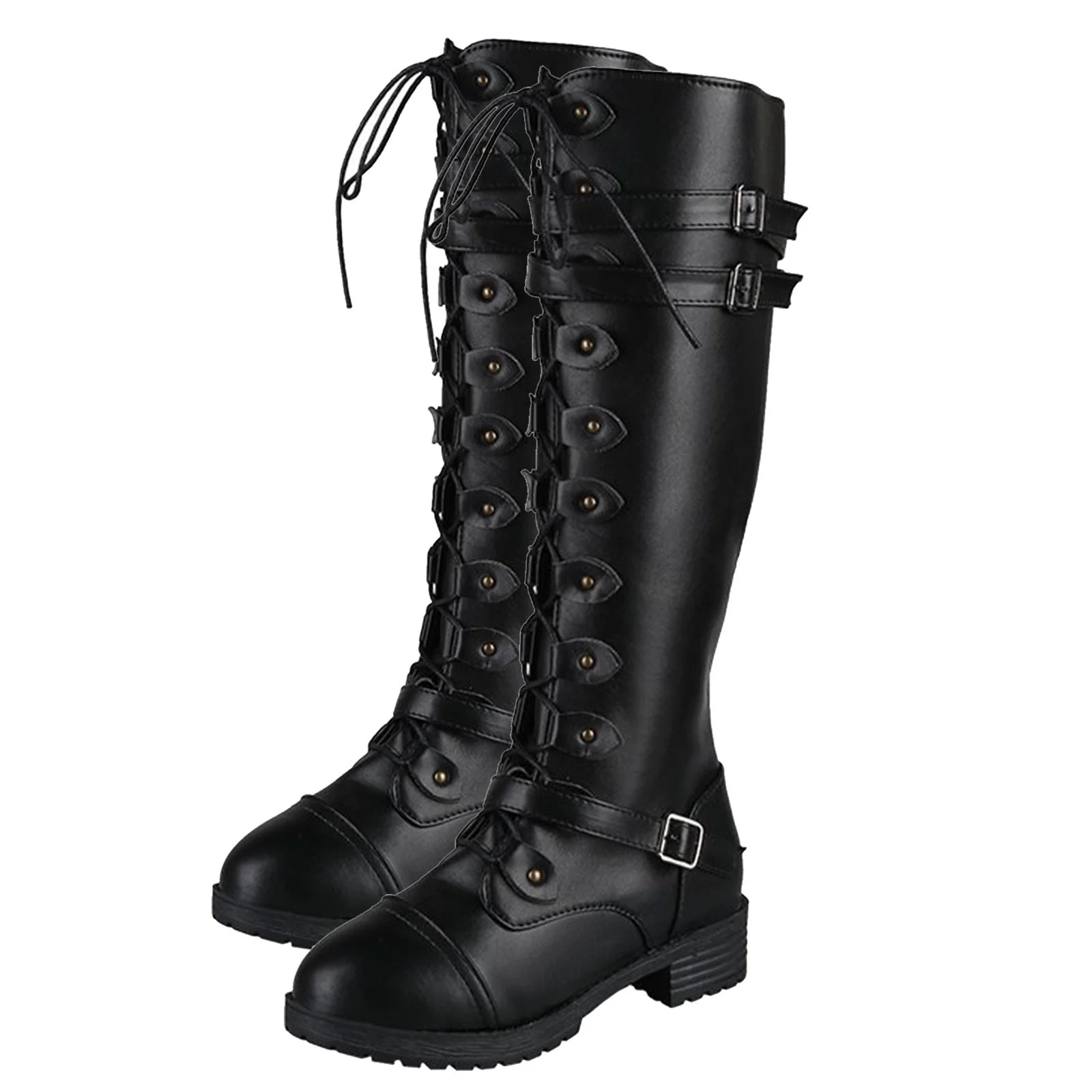 Women PU Leather Knee Boots, Strappy Lace-up Gothic Vintage Punk Buckle Military Combat Stacked Heel Boot Shoes Knee-High Boots