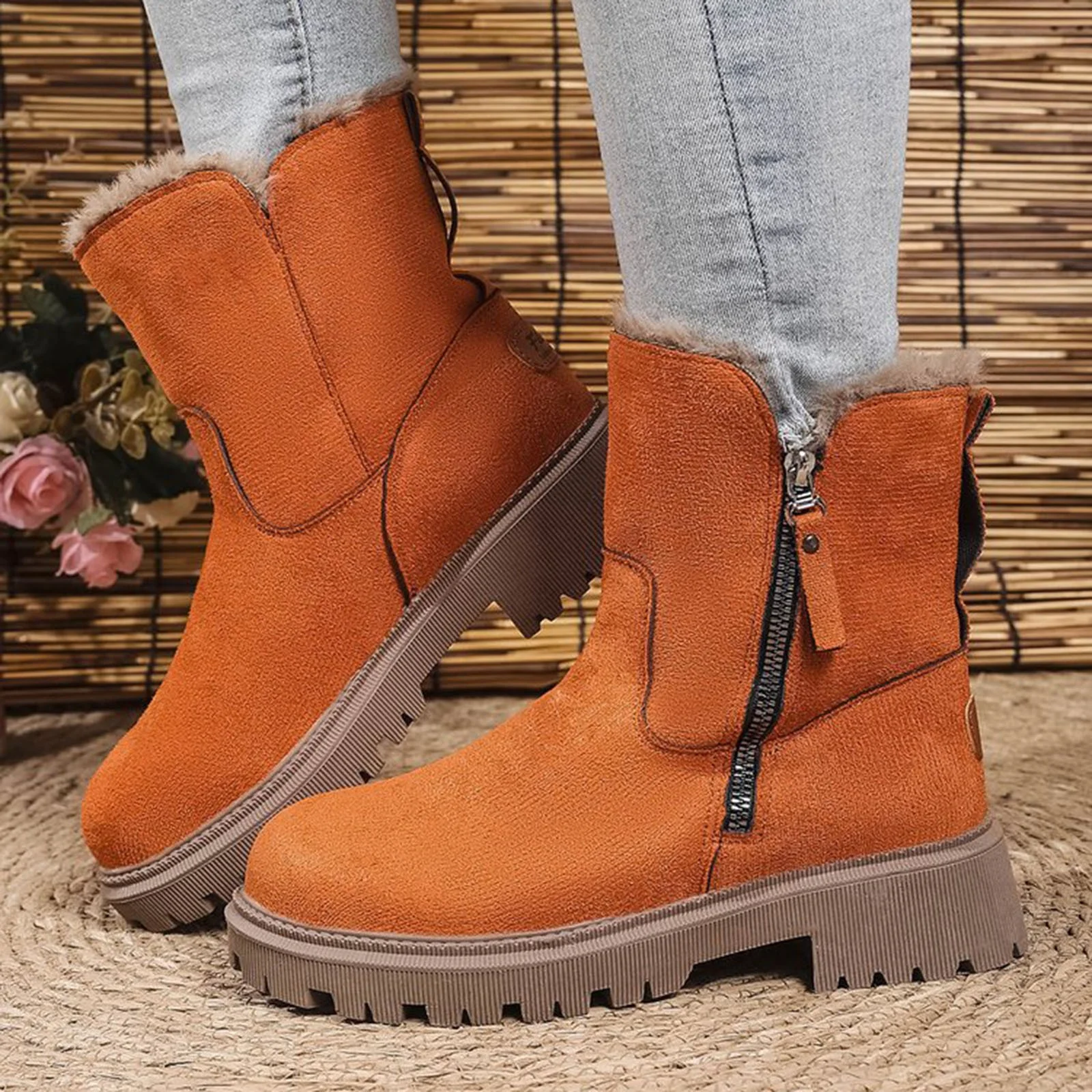 Thermal Winter Boots for Women Warm Furry Lined Mid Calf Boots