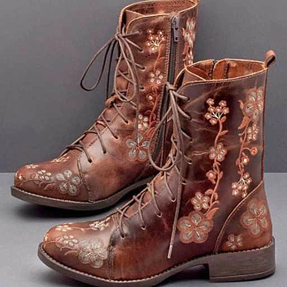Women's Ladies Boots Shoes Retro Rose Embroidery Lace Up FLAT
