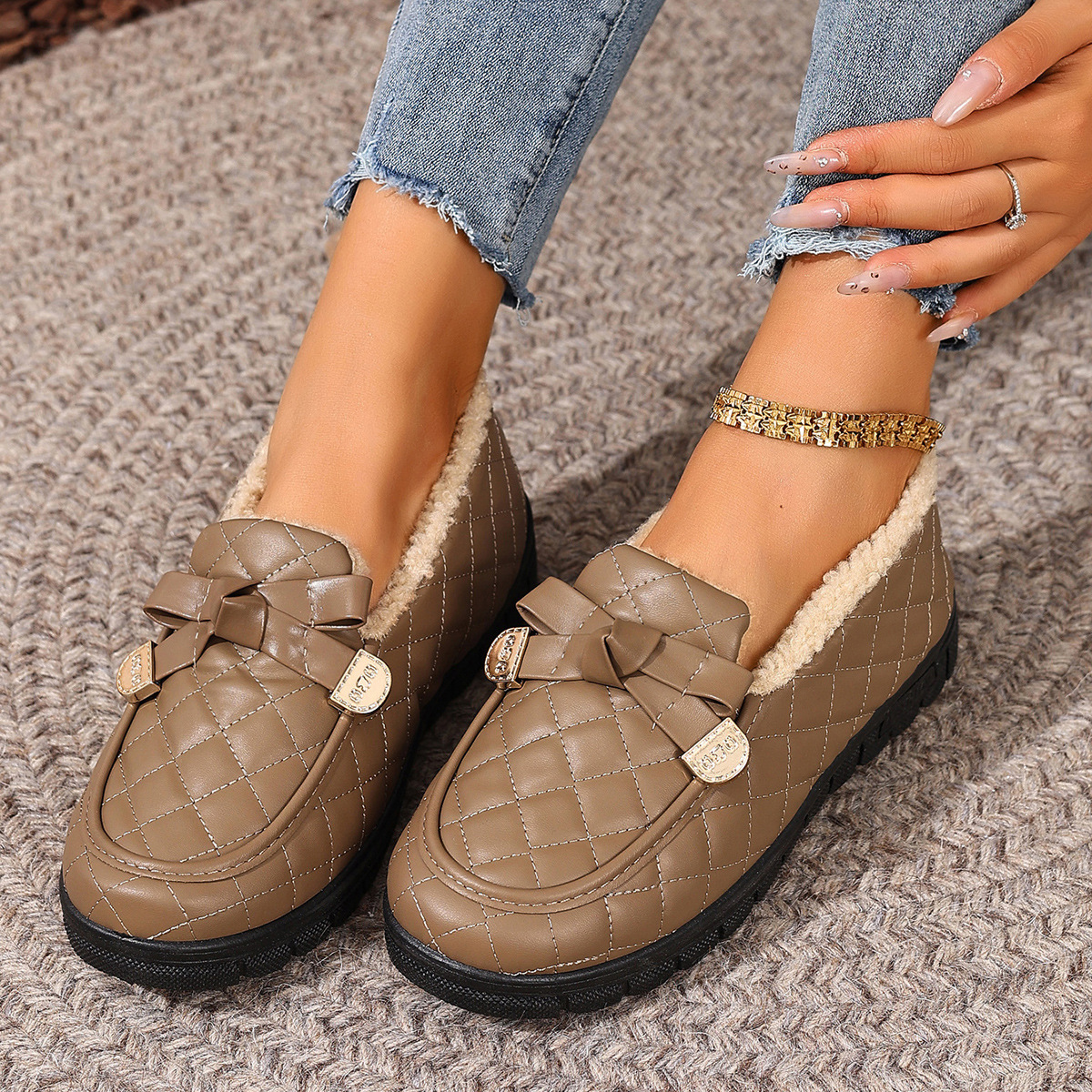 Snow Boots Round Toe Buckle Bowknot Thick Soled Warm Plus Velet Slip On Ankle Booties Comfortable Faux Leather Non-slip Casual Boots
