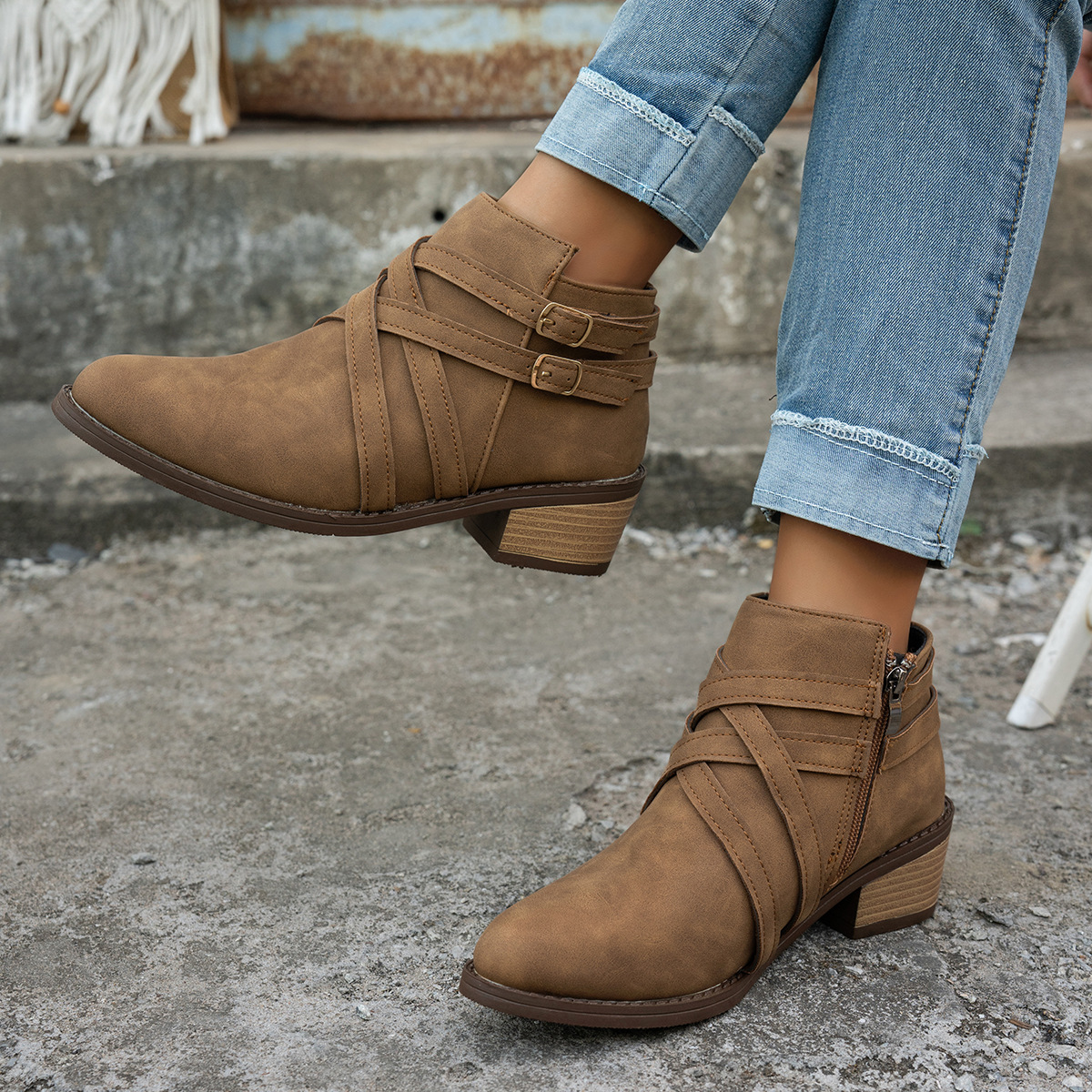 Ankle Boots for Women Dressy Suede Side Zipper Booties Chunky Heel Short Boots Mid Heel Round Toe Fashion Winter Boots