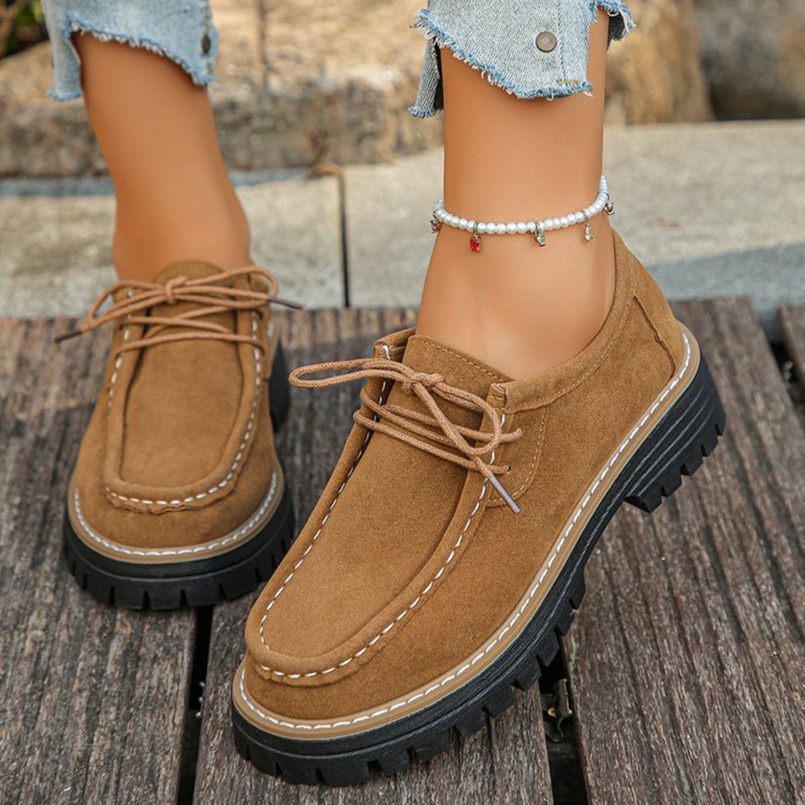 Wensltd Spring Fall Shoes for Women Low Heel All Seasons Fashion Casual Loafers Solid Color Lace Up Comfortable