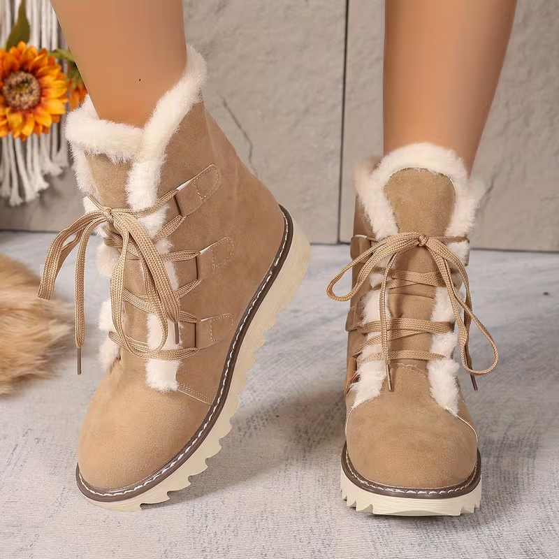 Snow Boots for Women Suede Platform Anti-Slip Lace up Fashion Plush Winter Ankle Boots