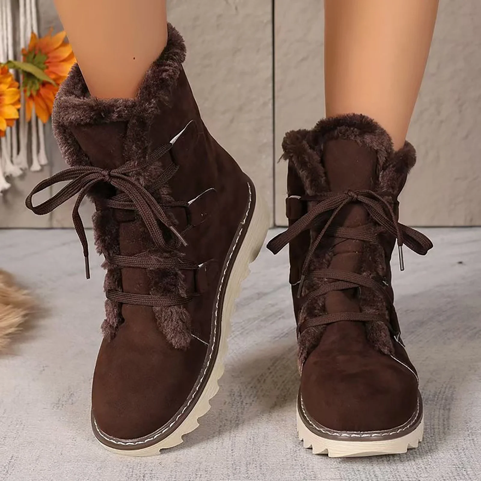 Snow Boots for Women Suede Platform Anti-Slip Lace up Fashion Plush Winter Ankle Boots