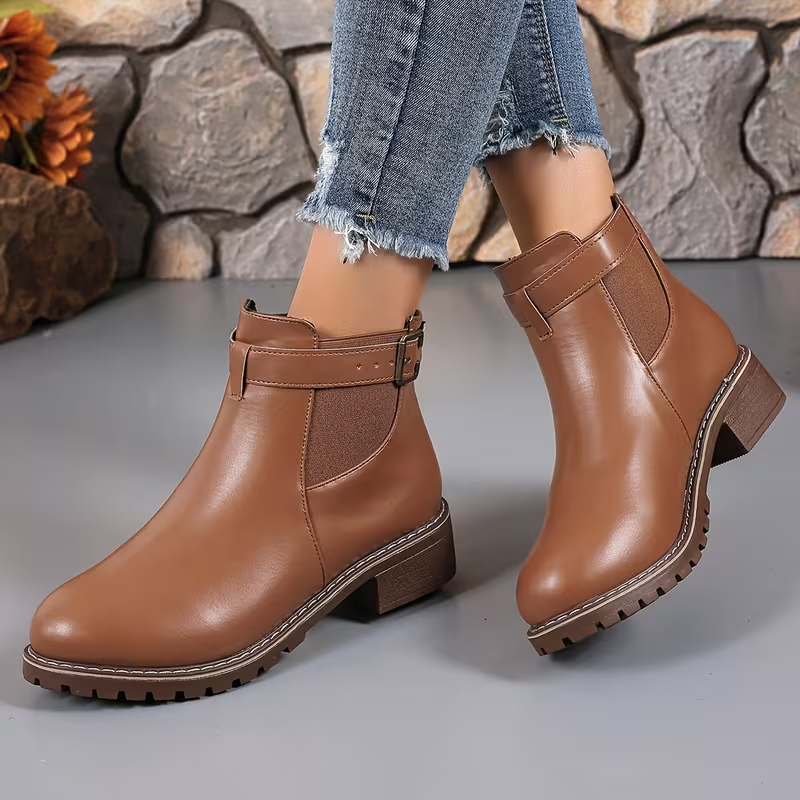 Round Toe Plain Leather Square Heel Retro Buckle Short Boots