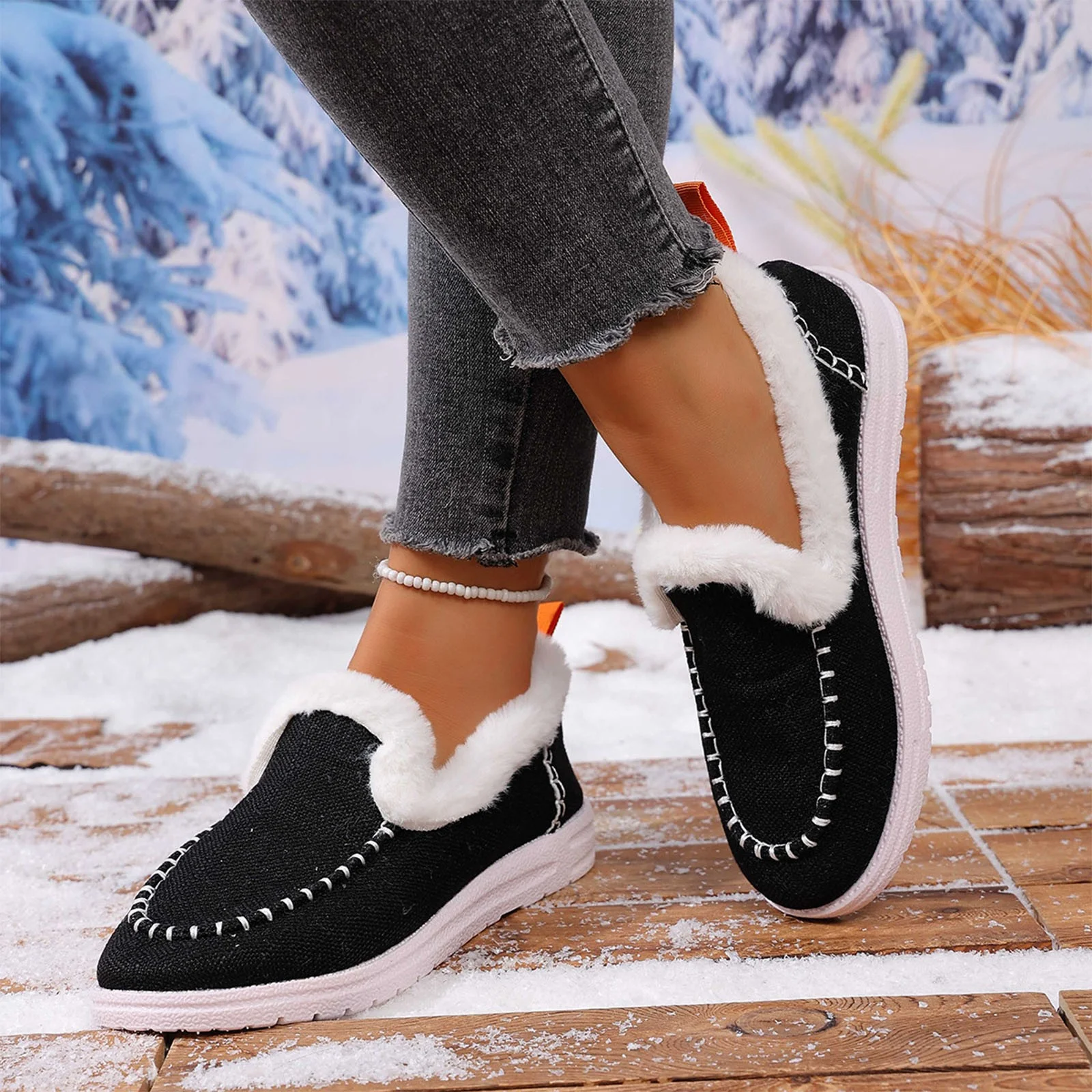 Loafer Slippers for Women Flat Heel Closed Toe Slip-on House Slides Women's Casual Indoor Outdoor Winter Warm Outerwear Plus Velvet Home Flat