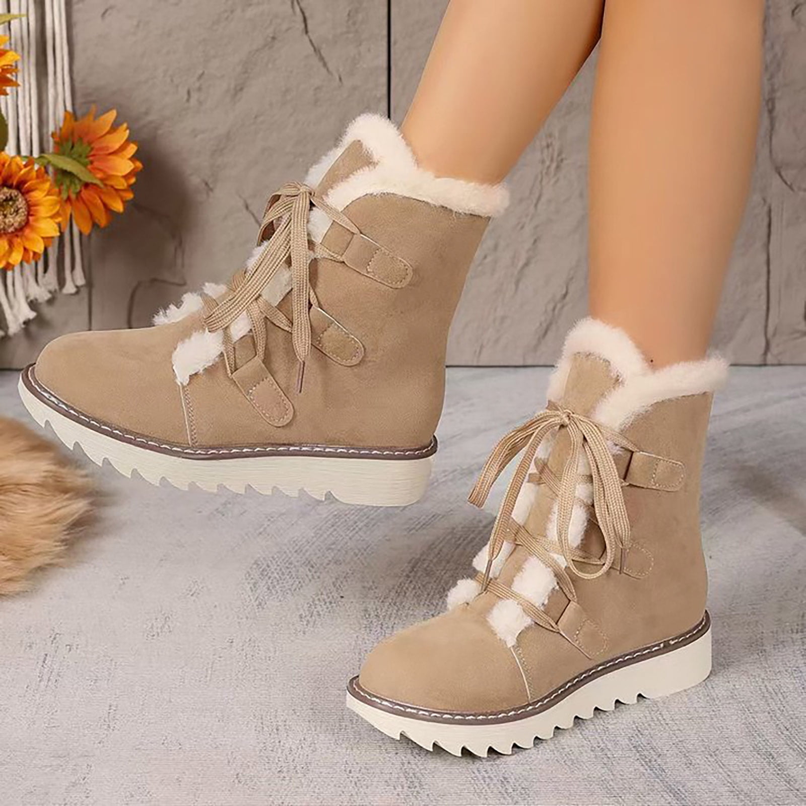 Mostsola Snow Boots for Women Suede Platform Anti-Slip Lace up Fashion Plush Winter Ankle Boots