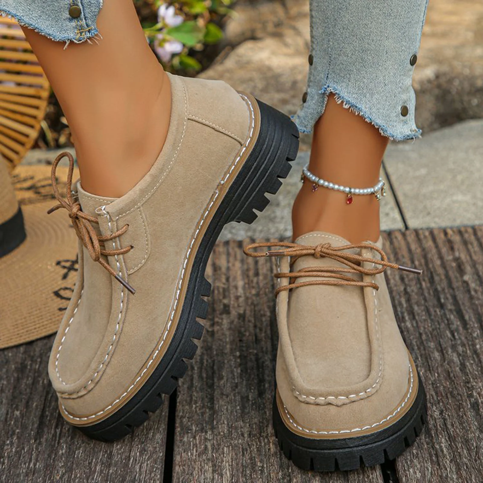 Spring Fall Shoes for Women Low Heel All Seasons Fashion Casual Loafers Solid Color Lace Up Comfortable