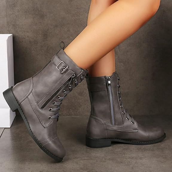 Boots for Women Fashion Low Chunky Heel Lace-up Short Boots Casual Zipper Pointed Toe Comfortable Ankle Boots