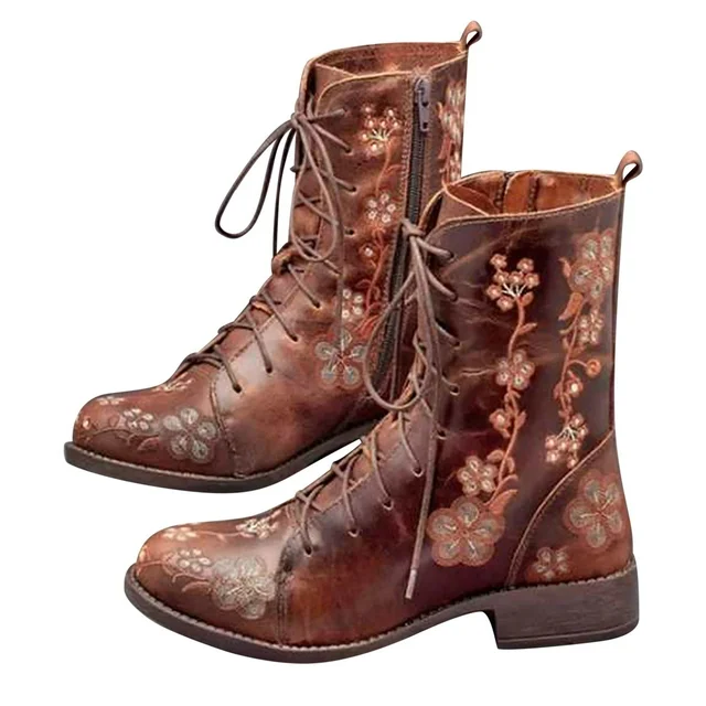 Women's Ladies Boots Shoes Retro Rose Embroidery Lace Up FLAT