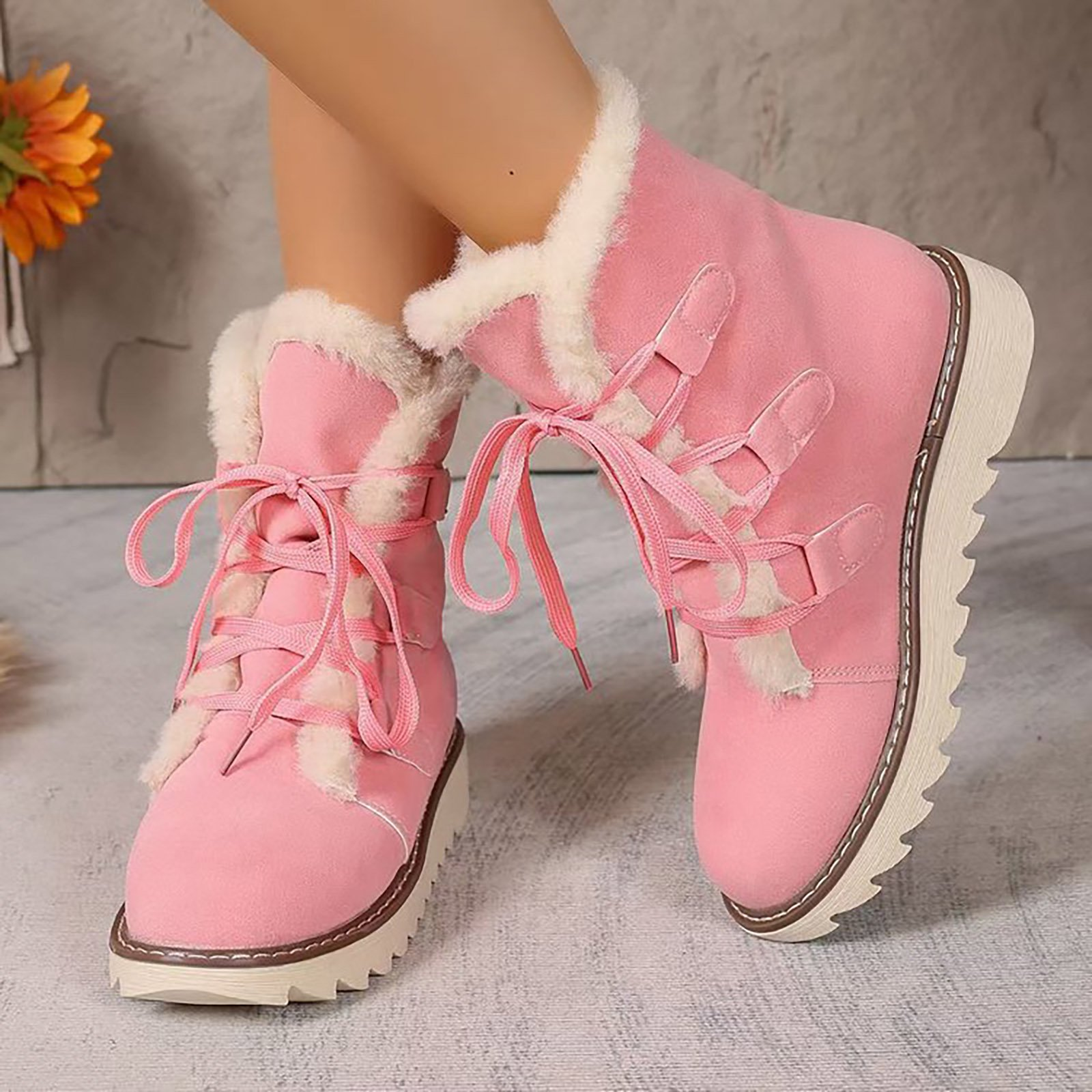 Snow Boots for Women Suede Platform Anti-Slip Lace up Fashion Plush Winter Ankle Boots