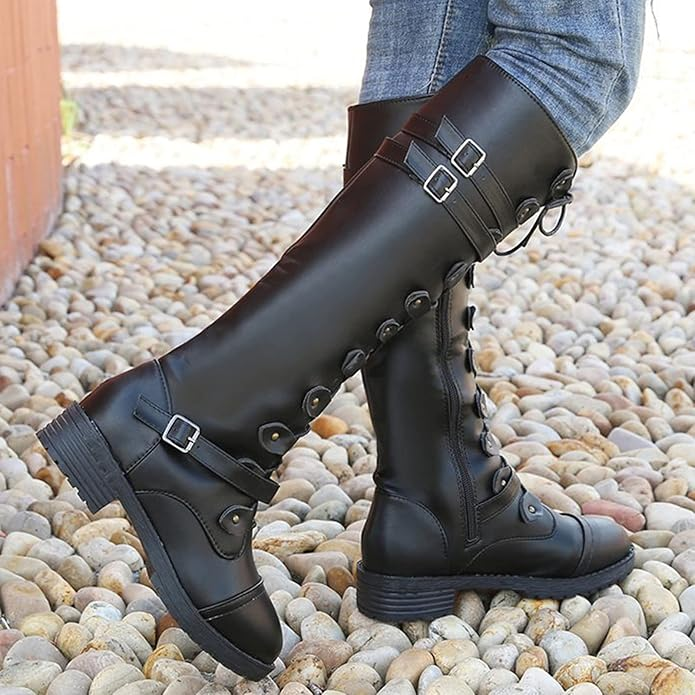Women PU Leather Knee Boots, Strappy Lace-up Gothic Vintage Punk Buckle Military Combat Stacked Heel Boot Shoes Knee-High Boots