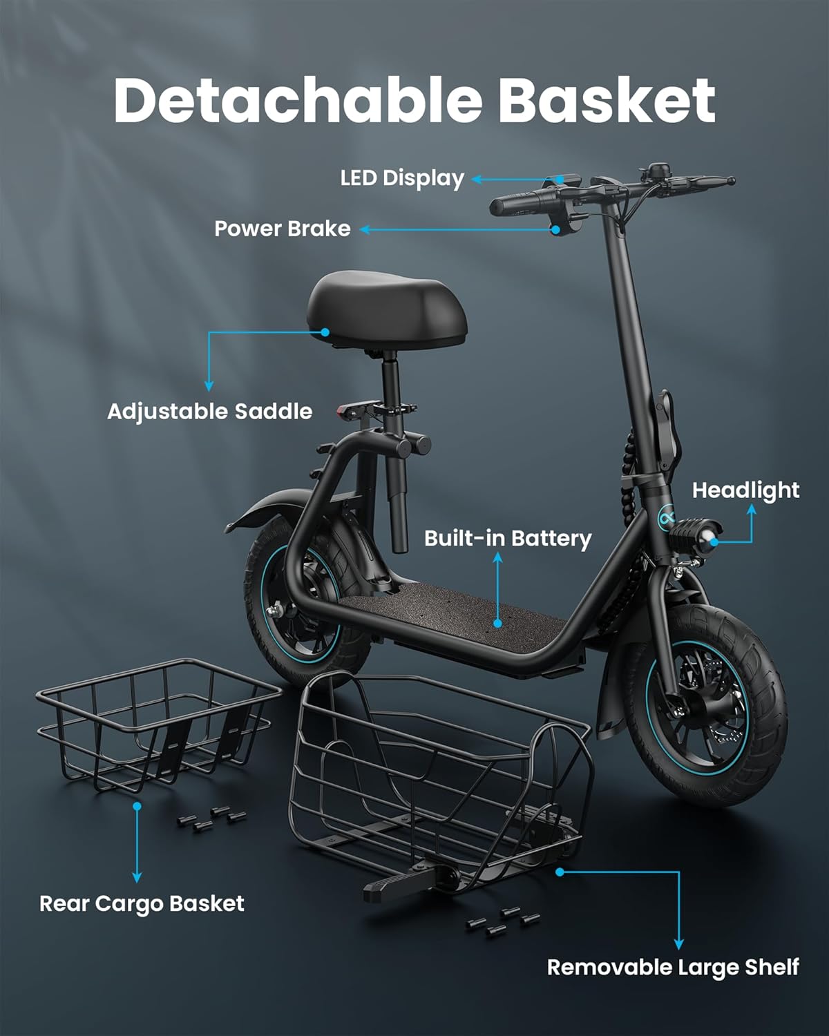 All-Rounder E-Scooter: Foldable with Seat & Large Basket for Commuting, Cargo & Pets