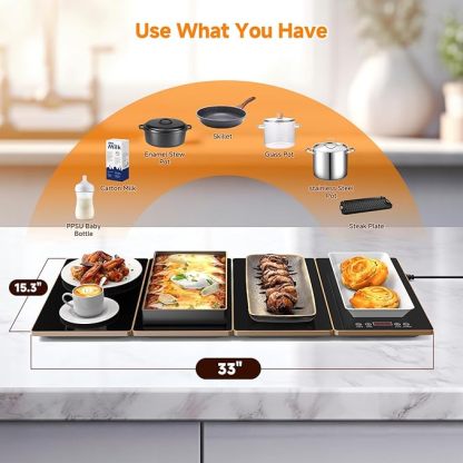 4-in-1 Electric Buffet Warming Tray, 33" x 15" Large Glass Surface Food Warmer with 10 Temperature Settings & Timer
