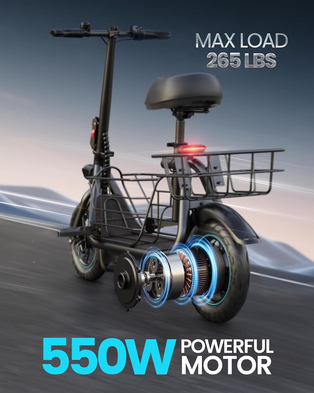 All-Rounder E-Scooter: Foldable with Seat & Large Basket for Commuting, Cargo & Pets